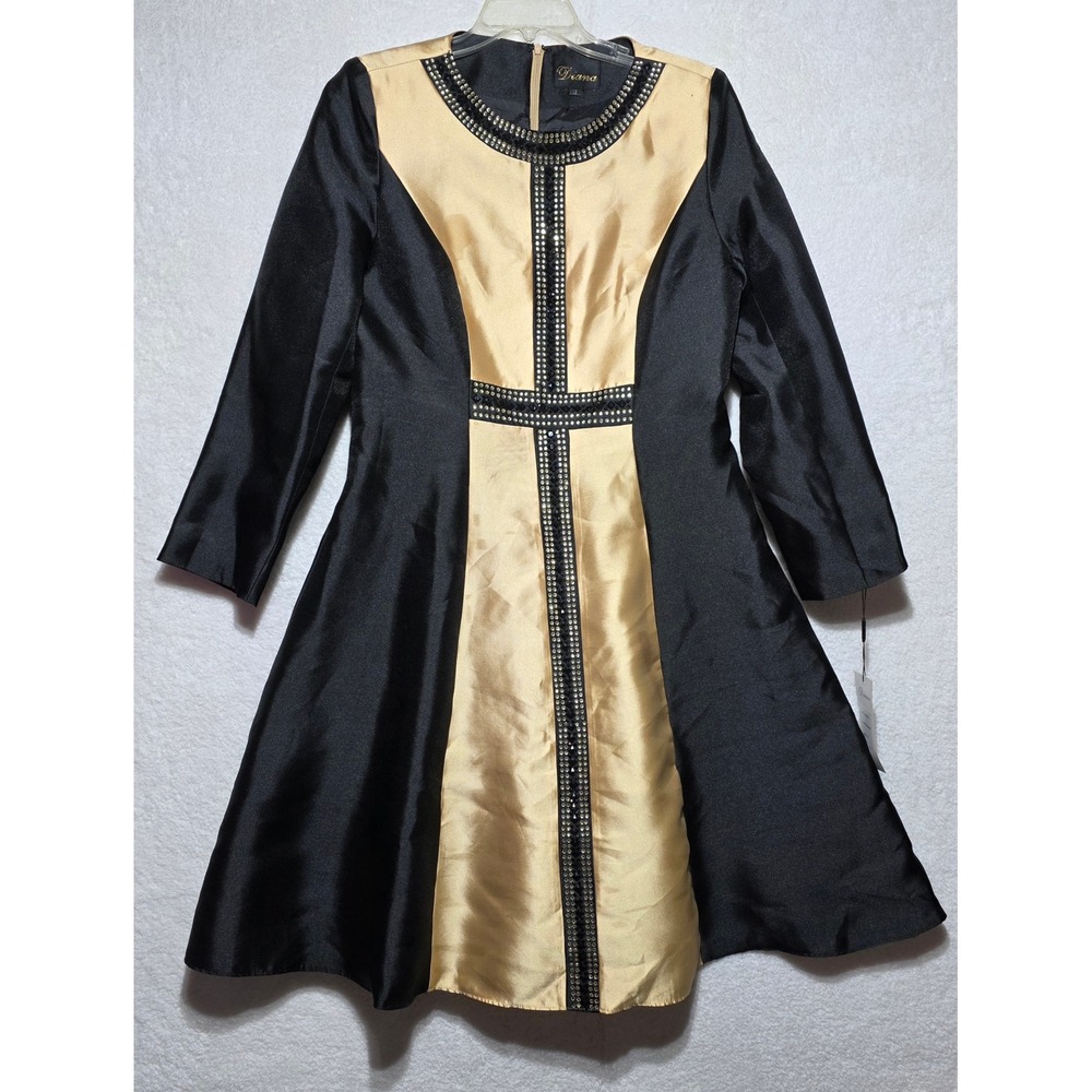 Diana Black Gold Rhinestone Studded Evening Dress Long Sleeve Size 12 NEW